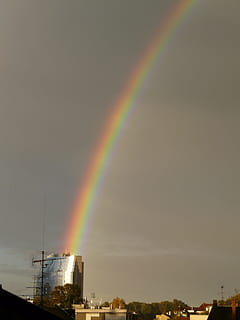 Rainbow, Refraction, Phenomenon, rain, sunshine, sky, nature, spectrum, colorful, natural phenomenon, rainbow colors, ray, natural spectacle, of course, spectacular, clouds, half circle, ulm, city, homes, building, sparkle, maritime, new ulm, built structure, building exterior, double rainbow, multi colored, no people, architecture, beauty in nature, scenics - nature, outdoors, environment, cloud - sky, copy space, day, low angle view, 2K, CC0, public domain, royalty free