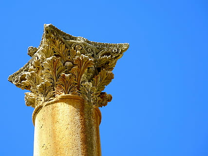 jerash, Giordania, colonna, blu, cielo, cielo sereno, natura, nessuno, storia, Inquadratura dal basso, copia spazio, il passato, pianta, clima tropicale, architettura, giorno, all'aperto, scultura, antico, luce del sole, colonna architettonica, Palma, vecchio, 4K, CC0, dominio pubblico, privo di copyright