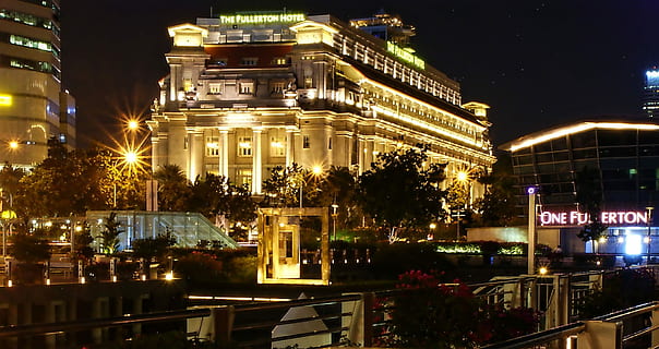 fullerton hotel, nat, the fullerton hotel, om natten, arkitektur, belyst, berømte sted, urban scene, bygget struktur, bybilledet, bygning udvendig, by, rejsemål, skumring, rejse steder, arkitektur og bygninger, udendørs, bygning, ingen mennesker, natur, himmel, fortiden, historie, vand, træ, turisme, afspejling, 1080P, CC0, offentligt domæne, royaltyfrie
