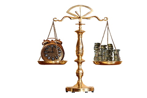 brass-colored balance scale, analog clock, coins, brass, balance scale, clock, justice, scales, balance, lawyer, lower's fee, money, time, expensive, golden, weight Scale, antique, isolated Objects, objects/Equipment, electric Lamp, isolated, concepts And Ideas, old, isolated On White, old-fashioned, gold Colored, white Background, no People, cut out, clock face, minute hand, studio shot, indoors, instrument of time, watch, still life, close-up, accuracy, retro styled, hanging, pocket watch, roman, hour hand, wall clock, 5K