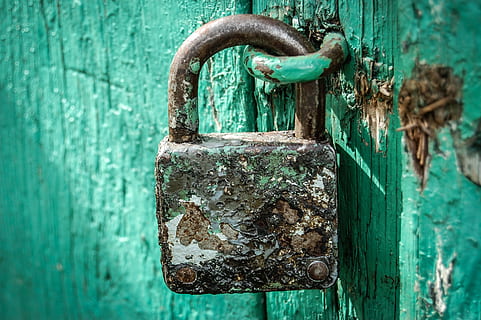 locked brown padlock, by wlodek, old, close, hack, closed, rust, key, castle, metal, rusty, green color, no people, door, day, entrance, wood - material, weathered, safety, lock, close-up, security, protection, turquoise colored, outdoors, focus on foreground, nature, latch, 2K, CC0, public domain, royalty free