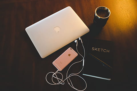 sketchbook, mobile, smartphone, desk, Laptop, iPhone, technology, book, books, computer, phone, no People, equipment, wireless technology, portable information device, communication, smart phone, indoors, table, headphones, high angle view, still life, listening, in-ear headphones, connection, drink, mobile phone, food and drink, cup, refreshment, music, directly above, 5K, CC0, public domain, royalty free