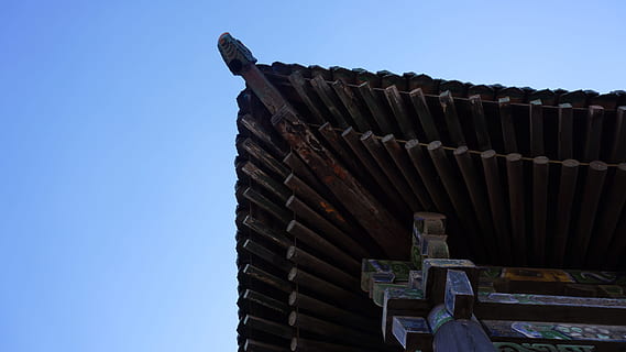 ancient, brackets, eaves, clear sky, sky, architecture, built structure, no people, building exterior, building, blue, low angle view, nature, day, industry, construction industry, large group of objects, stack, outdoors, sunlight, wood - material, roof, metal, 5K, CC0, public domain, royalty free
