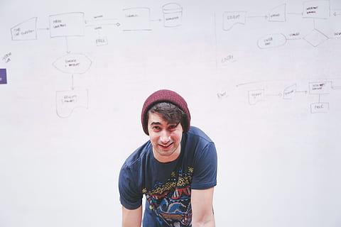 uomo, indossare, blu, rosso, t-shirt girocollo, Beanie, lavagna, presentazione, Scrivi, display, spiegare, strategia, diagramma, diagramma di flusso, avviare, Piano, aziendale, attività commerciale, pianificazione, organizzazione, dati, tavola, gestione, informazione, tecnologia, Internet, networking, Rete, una persona, vista frontale, guardando la fotocamera, ritratto, in piedi, persone reali, sorridente, caratteristica della parete, abbigliamento casual, emozione, felicità, dalla vita in su, in casa, copia spazio, giovani uomini, stili di vita, uomini, maschi, giovane adulto, ragazzi adolescenti, adolescente, vestiti caldi, 2K, CC0, dominio pubblico, privo di copyright