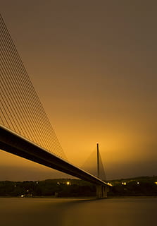bridge, night, river, evening, lights, shore, stay, water courses, bridge - Man Made Structure, suspension Bridge, architecture, cable-stayed Bridge, steel Cable, sky, blue, built structure, connection, engineering, sunset, transportation, nature, orange color, city, travel destinations, dusk, copy space, outdoors, illuminated, 5K, CC0, public domain, royalty free
