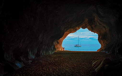 sea, dawn, landscape, nature, background, beach, blue, cave, dark, dusk, horizon, island, mediterranean, ocean, outdoors, rocks, sailing boat, scenic, seashore, sky, stones, sunset, travel, water, arch, rock, rock - object, no people, solid, architecture, rock formation, tunnel, horizon over water, natural arch, beauty in nature, scenics - nature, tranquility, day, light at the end of the tunnel, eroded, 2K, CC0, public domain, royalty free