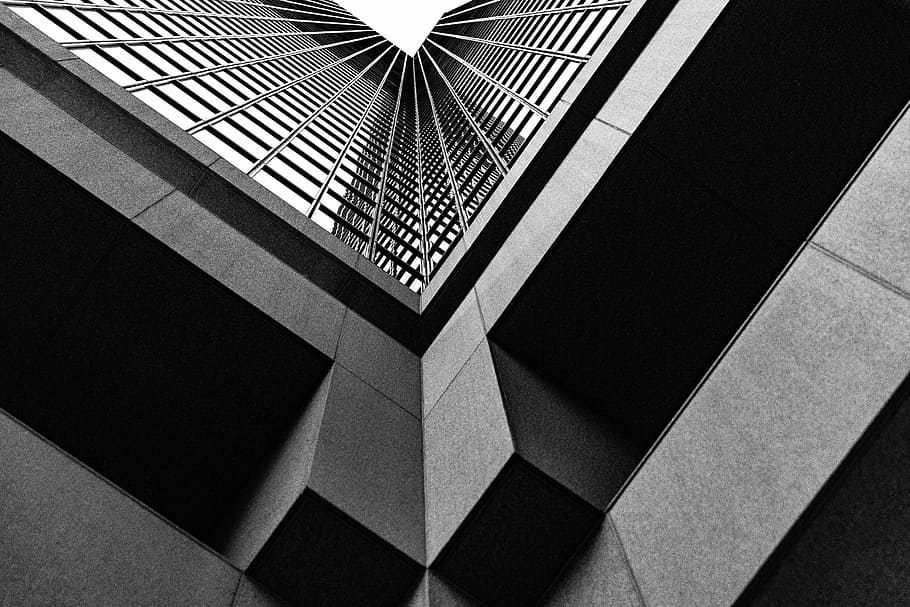vista occhio di vermi, grattacielo, Basso, fotografia ad angolo, costruzione, architettura, Linee, parallelo, bianco e nero, arte, linea, contrasto, minimo, nero, angolo, bordo, modello, struttura costruita, vista dall'alto, nessuno, in casa, forma geometrica, forma, moderno, ombra, giorno, design, ringhiera, luce del sole, astratto, caratteristica architettonica, caratteristica della parete, pavimentazione, pavimento piastrellato, direttamente sotto, 5K