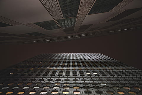 gray high-rise buildings, low, angle photography, skyscrapper, building, architecture, tower, skyscraper, night, built structure, pattern, no people, illuminated, indoors, modern, low angle view, ceiling, diminishing perspective, tall - high, repetition, flooring, metal, architectural feature, directly below, tiled floor, architecture and art, 5K, CC0, public domain, royalty free