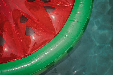 green, red, watermelon inflatable floater, water, liquid, watermelon, fruit, sport, no people, close-up, full frame, green color, backgrounds, pattern, day, inflatable, high angle view, outdoors, shiny, plastic, nature, vibrant color, textured, sunlight, 5K, CC0, public domain, royalty free
