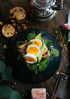 slice, boiled, eggs, sandwich, spinach, loaf, bread, egg, green, leaf, vegetable, breakfast, food, tableware, restaurant, wooden, table, garnish, presentation, egg yolk, healthy eating, fried egg, food and drink, high angle view, sunny side up, no people, freshness, ready-to-eat, wellbeing, meal, kitchen utensil, indoors, serving size, fried, plate, boiled egg, 5K, CC0, public domain, royalty free