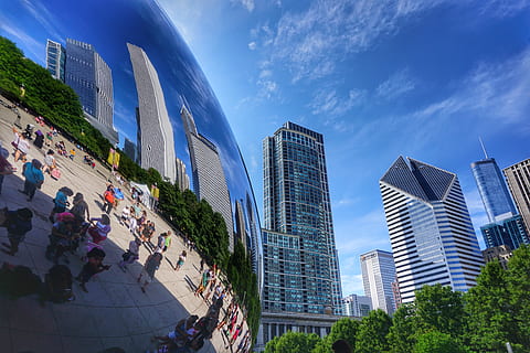 cloud gate, chicago, Chicago, immagine riflessa, fagiolo, nube, architettura, città, struttura costruita, esterno dell'edificio, edificio per uffici esterno, costruzione, moderno, grattacielo, ufficio, cielo, folla, distretto del centro, paesaggio urbano, albero, pianta, natura, destinazioni di viaggio, nuvola - cielo, quartiere residenziale, vita di città, all'aperto, distretto finanziario, 5K, CC0, dominio pubblico, privo di copyright