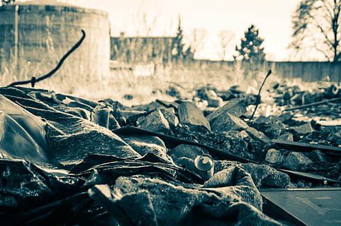 destruction, debris, collapse, outdoors, focus on foreground, day, no people, nature, close-up, abandoned, metal, dirt, selective focus, land, old, damaged, leaf, obsolete, abundance, plant part, wood - material, dry, dirty, messy, junkyard, 1080P, CC0, public domain, royalty free