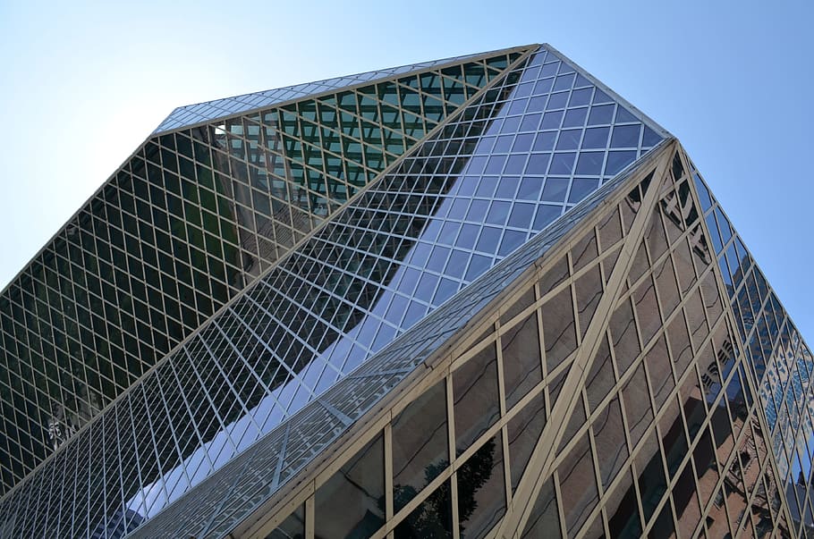 lav, vinkel billede, højhus, bygning, seattle, bibliotek, vinduer, arkitektur, geometri, geometriske, tagvindue, by, vinkler, moderne, glas, form, offentligt sted, dagtimerne, bygning udvendig, udendørs, bygget struktur, lav vinkel visning, himmel, kontor, kontorbygning udvendig, dag, mønster, glas - materiale, ingen mennesker, natur, skyfri himmel, skyskraber, høj - høj, 4K