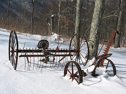 Winter, Snow, Ice, Implement, Rake, Farm, rural, rustic, antique, old, forest, trees, country, countryside, nature, outside, cold temperature, frozen, weather, white color, tree, covering, land, no people, day, wheel, field, wood - material, transportation, plant, sled, beauty in nature, tree trunk, outdoors, extreme weather, snowing, merry-go-round, snowcapped mountain, outdoor play equipment, 1080P, CC0, public domain, royalty free