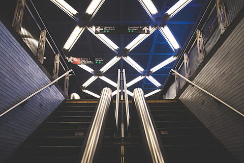 subway, new, york city, Stairs, New York City, urban, city, nYC, uSA, architecture, transportation, built Structure, station, urban Scene, indoors, staircase, steps, steps and staircases, day, low angle view, railing, no people, metal, connection, direction, the way forward, diminishing perspective, modern, illuminated, pattern, ceiling, directly below, 4K