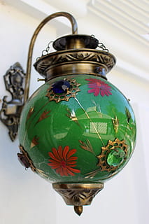 Lamp, Light, Design, Bulb, bright, electric, illuminated, decoration, illumination, energy, electricity, glow, creative, decor, glass, idea, decorative, glowing, new, power, lightbulb, invention, innovation, creativity, technology, imagination, green color, indoors, no people, close-up, day, still life, pattern, container, art and craft, floral pattern, table, focus on foreground, metal, antique, single object, wall - building feature, 5K
