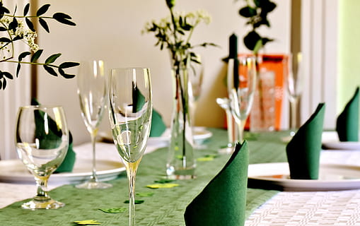 klar, Martini-Glas, Weingläser, gedeckter Tisch, Tafel, Geschirr, Brille, Teller, Servietten, festlich, fester Tisch, Tabelle, Feier, Festival, Abdeckung, Banketttisch, Tischdekoration, Besteck, Party, Grün, Wein, Weinflasche, Flasche, Weinglas, Alkohol, Trinkglas, Glas, Haushaltsausstattung, drinnen, Glas - Material, Stillleben, Essen und Trinken, Pflanze, keine Leute, transparent, Erfrischung, Getränk, Rahmen, Gedeck, Fokus auf den Vordergrund, Frische, Luxus, 1080P, CC0, gemeinfrei, lizenzfrei