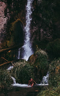 landscape, nature, person, woman, environment, flow, model, outdoors, photoshoot, pose, rocks, scenic, stream, swimsuit, water, waterfalls, wet, public domain images, motion, long exposure, scenics - nature, waterfall, beauty in nature, flowing water, real people, blurred motion, lifestyles, one person, rock, leisure activity, plant, forest, solid, rock - object, flowing, 2K, CC0, public domain, royalty free