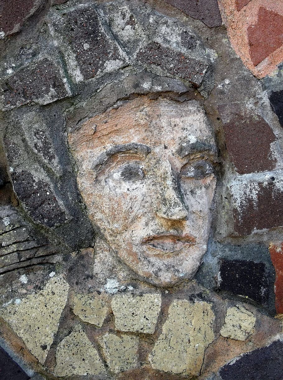 Face, Human, Stone, Wall, Insert, Person, stone, wall, people, head, decoration, design, decor, statue, sculpture, no people, close-up, architecture, day, human representation, art and craft, representation, craft, creativity, wall - building feature, built structure, history, the past, male likeness, weathered, carving - craft product, belief, carving, 4K
