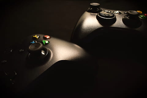 two, xbox 360 controllers, Xbox, Console, Remote Control, Game, digital, microsoft, videogame, black, fun, pact, no people, indoors, night, black background, close-up, still life, studio shot, table, high angle view, arts culture and entertainment, black color, sport, copy space, gray, multi colored, selective focus, dark, connection, pool ball, shiny, personal accessory, 4K, CC0, public domain, royalty free