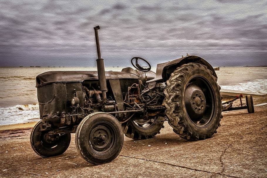 negre, tractor, aparcat, ennuvolat, cel, màquina, vehicle, vell, oldtimer, històricament, tractors, vell tractor, vehicle comercial, platja, arrossegar, malalt, landtechnik, remolcador, màquina de treball, mar, canal Anglès, Atlàntic, Costa, normandía, França, deutz, transport, manera de transport, núvol - cel, roda, vehicle terrestre, estacionari, abandonat, metall, dia, pneumàtic, cap gent, terra, naturalesa, a l'aire lliure, declivi, equipament agrícola, automòbil, deteriorament, 5K