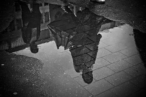 two, women, walking, next, grey, building, daytime, rain, puddle, water, mirroring, wet, weather, raining, asphalt, black and white, reflection, cobblestones, out, road, ground, pavement, texture, stone, paving stones, patch, street photography, street, urban, city, nature, architecture, low section, day, high angle view, footpath, outdoors, human body part, real people, one person, body part, built structure, rainy season, 4K