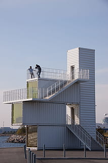 containers, tower, viewing platform, harbor, stairs, berth, architecture, built structure, sky, building exterior, city, building, clear sky, nature, day, railing, office building exterior, outdoors, staircase, no people, office, low angle view, copy space, blue, connection, skyscraper, 4K, CC0, public domain, royalty free