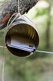 silver tin, mail, box, scouting, tools, nature, camping, holiday, letter box, letterbox, diy, rustic, scout, holidays, pill box, letters, postage, communication, focus on foreground, day, close-up, hanging, no people, outdoors, plant, tree, metal, low angle view, shape, wood - material, bird feeder, pattern, tree trunk, animal themes, animal, rope, circle, 5K, CC0, public domain, royalty free
