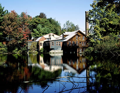 mlýn, budova, starý mlýn, starý, historicky, romantický, idylický, frye měrný mlýn, wilton, New Hampshire, usa, Spojené státy, Severní Amerika, Amerika, řeka, voda, romantika, atmosférický, krajina, stromy, les, strom, rostlina, odraz, stavba, architektura, jezero, nábřeží, exteriér budovy, Příroda, nebe, nikdo, růst, den, Dům, krása v přírodě, venku, čisté nebe, 4K, CC0, veřejná doména, bez autorských práv