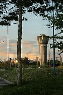 torre vicino agli alberi, blu, strada, luce, architettura, costruzione, struttura, cielo, nuvole, tramonto, Alba, verde, erba, campo, albero, pianta, natura, auto, veicolo, sentiero, viaggio, struttura costruita, storia, nessuno, nuvola - cielo, all'aperto, esterno dell'edificio, giorno, colonna architettonica, terra, crescita, il passato, crepuscolo, 5K