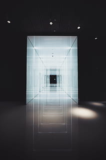 architecture, contemporary, dark, design, empty, futuristic, hallway, illuminated, indoors, inside, light, modern, perspective, reflection, no people, building, corridor, built structure, glass - material, direction, technology, arcade, digital composite, light - natural phenomenon, wall - building feature, entrance, flooring, ceiling, 5K, CC0, public domain, royalty free