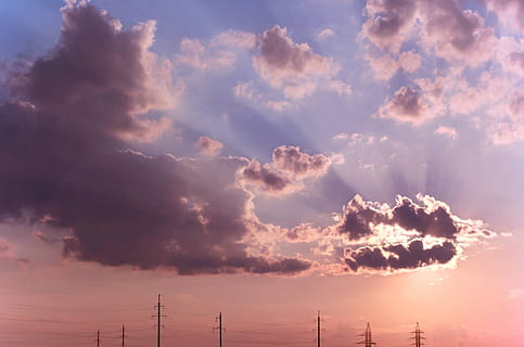 spring, sky, clouds, nature, landscape, sunset, evening, sunset sky, blue sky, blue, sun, cloud - sky, fuel and power generation, technology, environment, beauty in nature, electricity, scenics - nature, cloudscape, sunlight, power supply, dramatic sky, environmental conservation, renewable energy, outdoors, tranquility, alternative energy, no people, wind, 1080P, CC0, public domain, royalty free