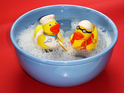 two, rubber ducks, round, blue, bowl, bubbles, bath, splashing, ducks, joy, friends, happy, funny, yellow, white, light blue, red, toys, plastic, animals, water, foam, together, bad, paddling pool, swimming pool, children's bath, tub, quietscheenten, bath ducks, cute, sweet, fun bathing, figure, cooking, cook, construction workers, welder, gangster, crook, squeak duck, profession, rubber duckies, food, colored background, food and drink, indoors, studio shot, representation, close-up, no people, toy, freshness, multi colored, cold temperature, container, human representation, blue background, crockery, 4K, CC0, public domain, royalty free