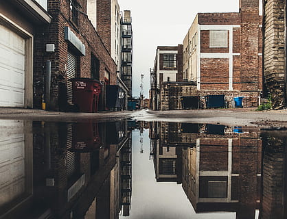 water, gray, asphalt road, beside, buildings, asphalt, road, building Exterior, canal, built Structure, urban Scene, architecture, reflection, city, outdoors, no People, river, puddle, building, residential district, waterfront, day, transportation, nature, sky, mode of transportation, street, 5K, CC0, public domain, royalty free