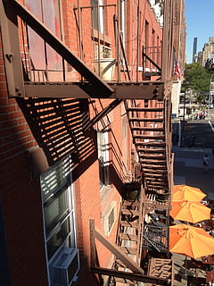 fire, escape, bricks, city, urban, abstract, exit, architecture, built structure, building exterior, no people, day, staircase, building, fire escape, sunlight, steps and staircases, outdoors, nature, industry, residential district, shadow, machinery, metal, construction industry, transportation, 2K, CC0, public domain, royalty free