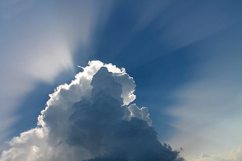 white, clouds, blue, sky, cloud, blue sky, space, rays of sunshine, ray of light, backlight, cloud - sky, beauty in nature, nature, cloudscape, scenics - nature, white color, backgrounds, tranquility, sunlight, tranquil scene, no people, day, idyllic, outdoors, environment, fluffy, bright, softness, meteorology, 4K, CC0, public domain, royalty free