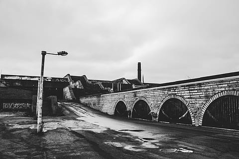 light, road, landscape, sky, abandoned building, architecture, black and white, bricks, building, lamppost, manhole, outdoors, tourism, built structure, transportation, street, bridge, street light, bridge - man made structure, nature, cloud - sky, building exterior, no people, city, day, connection, arch, water, arch bridge, 5K, CC0, public domain, royalty free