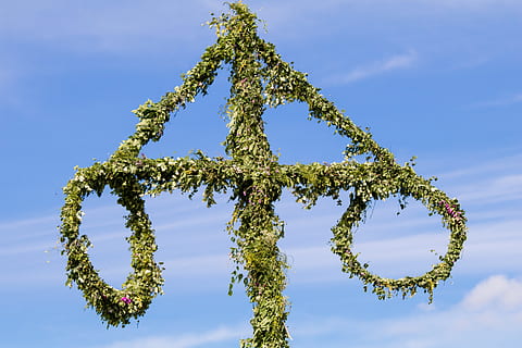 green, arrow plant decor, midsummer, pole, summer, tradition, sweden, outdoor, traditional, celebrate, dance, symbol, sky, tree, no people, nature, plant, day, low angle view, blue, growth, outdoors, shape, communication, cloud - sky, creativity, copy space, finance, beauty in nature, digital composite, business, green color, making money, coniferous tree, sustainable resources, 5K, CC0, public domain, royalty free