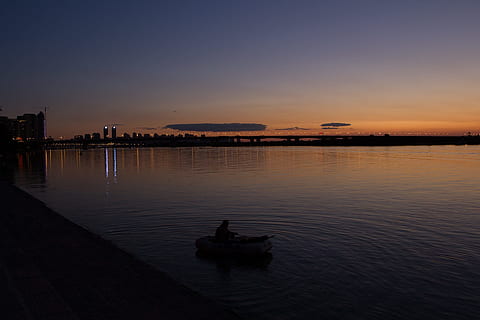 River, Dinghy, Reflection, afterglow, sunset, water, sky, dusk, nautical vessel, transportation, nature, architecture, sea, mode of transportation, beauty in nature, silhouette, tranquility, scenics - nature, built structure, city, no people, building exterior, outdoors, 1080P, CC0, public domain, royalty free