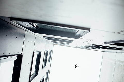 gris, avión, cielo, edificio, estructura, infraestructura, ventana, establecimiento, hotel, ciudad, urbano, arquitectura, Art º, vaso, rascacielos, en blanco y negro, volador, transporte, vehículo aéreo, temas de animales, nadie, adentro, avion comercial, vista de ángulo bajo, modo de transporte, viaje, animal, aire, industria aeroespacial, material de vidrio, un animal, vuelo, directamente debajo, 5K, CC0, dominio público, libre de derechos