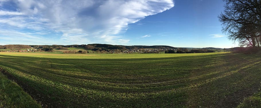 camps, reportat, ampli, paisatge, panorama, baviera, swabia, medi ambient, cel, planta, terra, escenics - natura, herba, escena rural, núvol - cel, camp, naturalesa, agricultura, arbre, color verd, tranquil·litat, bellesa a la natura, cap gent, escena no urbana, escena tranquil·la, granja, a l'aire lliure, paisatge rodant, 5K