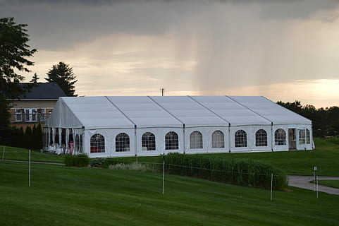 pavilion, rain, clouds, thunderstorm, evening, green, countryside, sunset, cloud - sky, sky, architecture, grass, built structure, plant, building exterior, nature, sport, no people, building, land, green color, outdoors, tree, field, lawn, day, 5K, CC0, public domain, royalty free