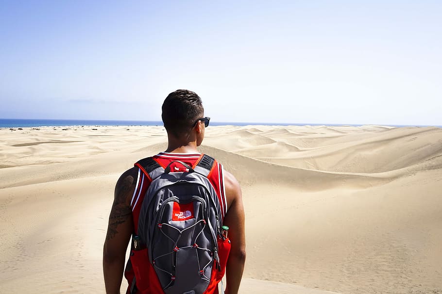 home, de peu, marró, sorra, portar, vermell, dipòsit, superior, negre, gris, motxilla, duna, desert, segueix, anar, esquena, platja, vista, estiu, Northface, maspalomas, vista del darrere, terra, una persona, cel, escenics - natura, activitat d'oci, festa, naturalesa, cintura cap amunt, vacances, mar, aigua, bellesa a la natura, homes, estils de vida, viatge, mirant la vista, llibertat, a l'aire lliure, horitzó sobre l’aigua, 5K