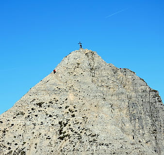cim, superior, escalada, escalador, carega, senderisme, veneto, Itàlia, Alps, cel, cel clar, vista d’angle baix, activitat d'oci, naturalesa, blau, muntanya, dia, escenics - natura, bellesa a la natura, estils de vida, persones reals, terra, una persona, arquitectura, rock, escena tranquil·la, viatjar, llum solar, a l'aire lliure, cim de muntanya, 2K, CC0, domini públic, lliure de regalies