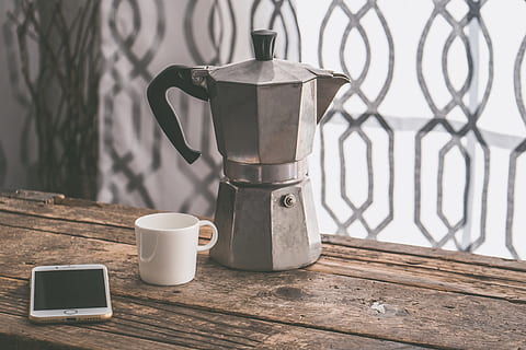 silver moka pot, beside, ceramic, mug, gold iphone 7, background, coffee, cup, design, desk, drink, equipment, espresso, family, handle, inside, kitchenware, morning, phone, retro, room, rustic, steel, table, vintage, wood, wooden, workspace, coffee - drink, wood - material, food and drink, coffee cup, coffee maker, refreshment, no people, focus on foreground, still life, appliance, coffee pot, espresso maker, technology, indoors, day, tray, 4K, CC0, public domain, royalty free