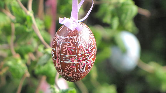 Ostern, Ei, bemaltes Ei, Ostereier, Baumschmuck, bunt, Deko, Dekoration, Kunst, Zoll, Tradition, Nahansicht, Fokus auf den Vordergrund, hängend, keine Leute, Tag, Urlaub, Feier, Kugel, Pflanze, draußen, Baum, Natur, Weihnachten, Kunst und Handwerk, Weihnachtsdekoration, Religion, Weihnachtsverzierung, 4K, CC0, gemeinfrei, lizenzfrei