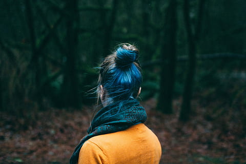 woman, orange, top, shirt, scarf, nature, women, outdoors, one Person, forest, people, females, autumn, tree, young Adult, woodland, caucasian Ethnicity, adult, lifestyles, beauty, rear view, day, one animal, land, focus on foreground, real people, leisure activity, hairstyle, hair, plant, waist up, clothing, 5K