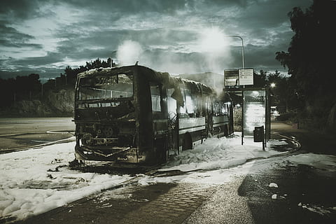 sort, bus, træer, dagtimerne, gråtonebillede, skum, hold op, ild, transportere, ulykke, slukke, busstoppested, korrosion, Trafik, gået i stykker, glas, vindue, billboard, annoncere, sne, vinter, kold temperatur, himmel, transportmidler, natur, sky - himmel, ingen mennesker, transportform, træ, jord, arkitektur, dag, udendørs, dækker, Mark, gade, land køretøj, røg - fysisk struktur, forurening, 2K, CC0, offentligt domæne, royaltyfrie