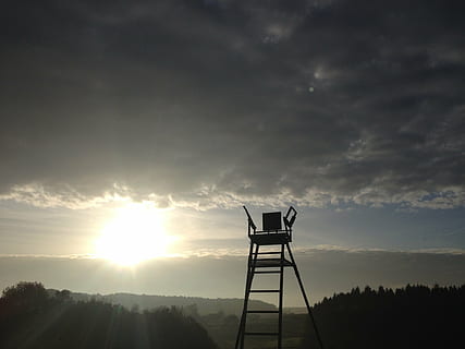 sun, clouds, perch, mourning, hope, wait, landscape, nature, sky, outdoors, sunset, cloud - sky, scenics - nature, beauty in nature, silhouette, no people, tranquility, tranquil scene, sunlight, tower, observation point, sunbeam, lookout tower, architecture, protection, ladder, bright, 2K, CC0, public domain, royalty free
