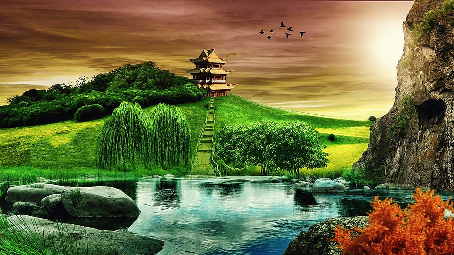 sfondo, paesaggio, tempio, collina, tempio, collina, natura, riflessione, acqua, nessuno, scena rurale, all'aperto, pianta, bellezza nella natura, scenics - natura, albero, cielo, colore verde, architettura, nuvola - cielo, la tranquillità, struttura costruita, erba, terra, fiume, crescita, tramonto, scena tranquilla, acqua corrente, fluente, 1080P